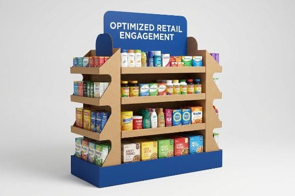 A multi-tiered cardboard retail display with a blue base and header, showcasing various consumer products under the sign "Optimized Retail Engagement."