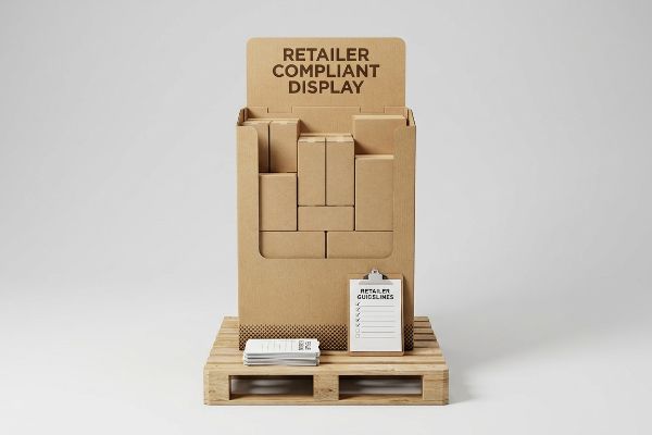 A brown cardboard half-pallet display, labeled 