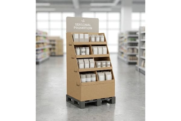 Présentoir promotionnel saisonnier en carton Présentoir en carton kraft pour promotion saisonnière, comprenant plusieurs étagères de boîtes de produits sur un quart de palette dans un magasin de détail.