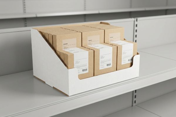 A white cardboard shelf display unit filled with multiple kraft paper boxes, featuring Bizag brand labels, positioned on a grey retail gondola shelf.