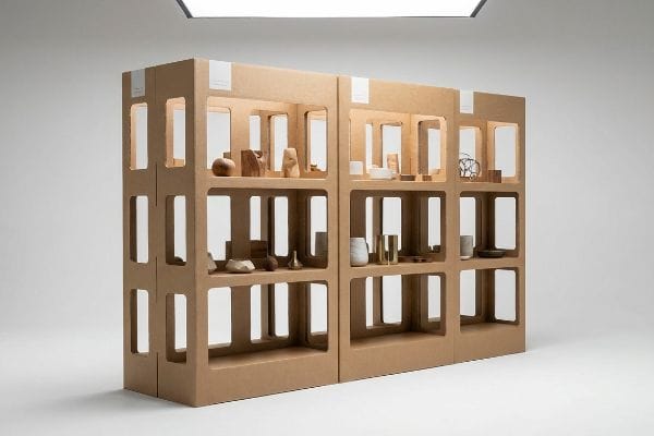 Brown corrugated cardboard retail display featuring Shop-Through windowed structural supports, showcasing various knick-knacks on modular shelves.