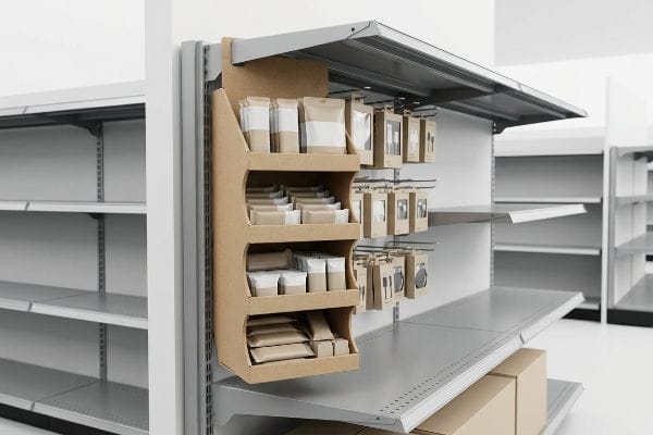 Dans une allée d'un magasin, un présentoir latéral en carton, rempli de produits emballés dans du papier kraft, est suspendu à des étagères métalliques.