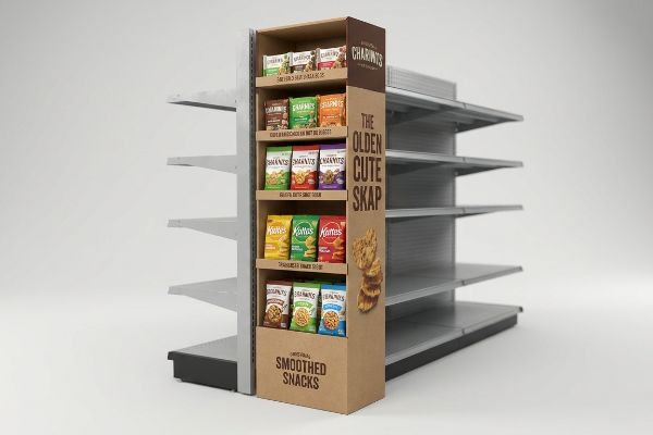 A retail sidekick display, made of cardboard, showcases Charints and Kattes snack bags. Text reads 'The Olden Cute Skap' and 'Smoothed Snacks'.