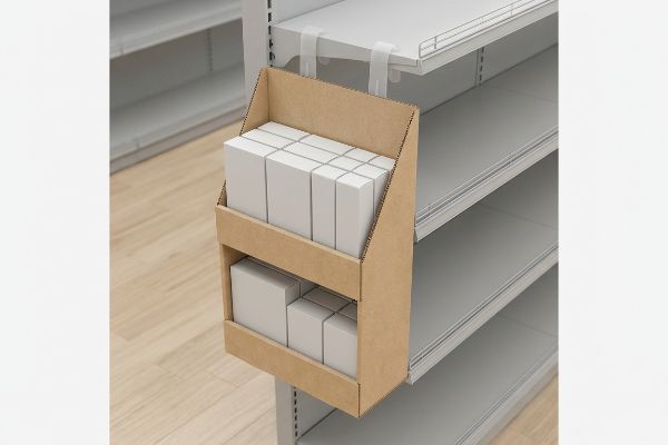 A brown cardboard sidekick PDQ display with two tiers of white boxes hangs on a gray retail shelf.