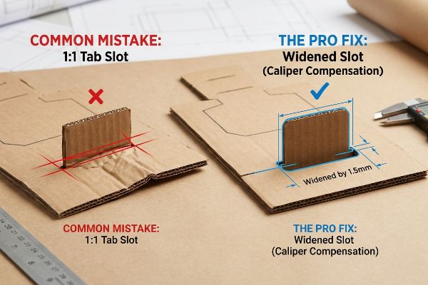 Corrugated cardboard shows a 1:1 tab slot mistake causing bowing, contrasted with a 1.5mm widened slot using caliper compensation.