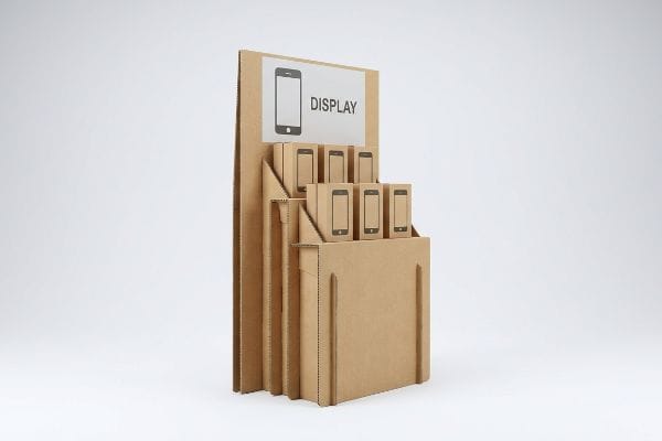 Un présentoir de vente au détail en carton ondulé, présentant des boîtes de smartphones et une enseigne supérieure indiquant 