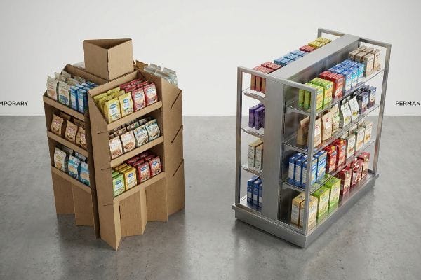一時的な展示と常設展示 仮設の段ボール製陳列棚と常設の金属製小売棚の両方に、包装済みの食品が陳列されている様子を展示している。.