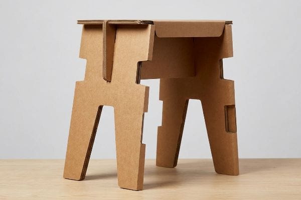 Brown corrugated cardboard stool showcasing interlocking load-bearing joints and precise 90-degree folds for structural durability.