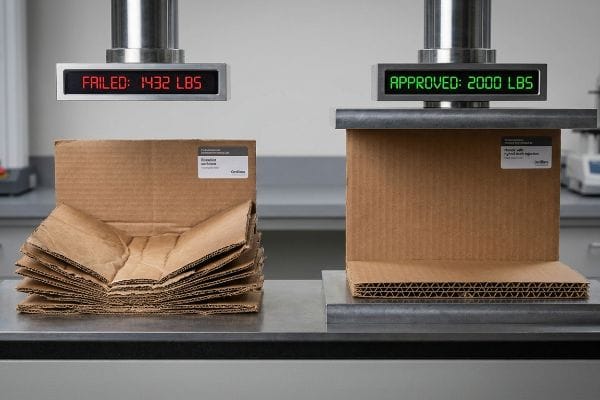 Corrugated cardboard compression test showing Ecolution Failed at 1,432 Lbs and Certiflex Approved at 2,000 Lbs with virgin kraft.