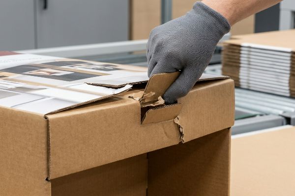 Brown corrugated cardboard box tearing as a gloved hand forces a tab, illustrating dieline caliper compensation failure during assembly.