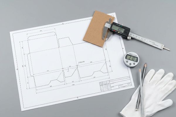 A digital caliper measures cardboard thickness to 1.00mm, next to a dieline blueprint and a gauge displaying 2.10, essential for precise packaging engineering.