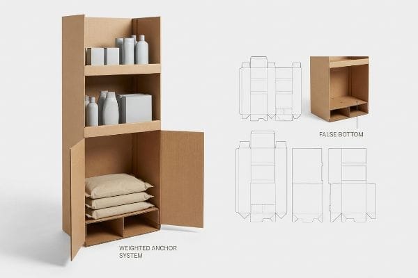 Brown corrugated cardboard display unit featuring a Weighted Anchor System with sandbags in the base, a False Bottom, and technical dieline diagrams.
