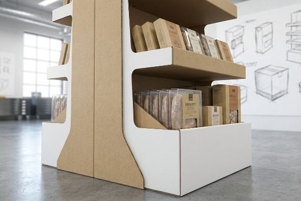 A multi-tiered cardboard retail display with white accents showcases Eberrit and Adam's CPG products in boxes and clear packaging.