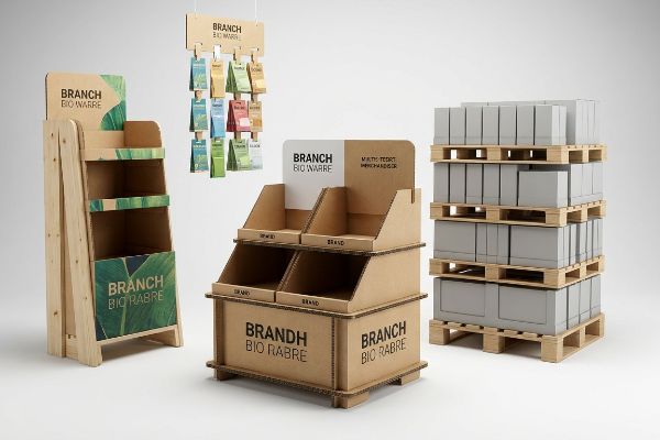 Showcasing various eco-friendly retail display fixtures, including cardboard countertop merchandisers, a wooden floor unit, a hanging clip strip, and modular pallet stacks, all branded Branch Bio Rabre and Branch Bio Warre.