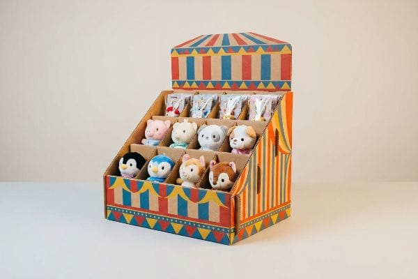 A vibrant carnival-themed cardboard prize display stand showcases an array of small, colorful plush animal toys on a white tabletop.