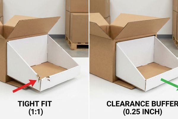 Corrugated cardboard boxes compare a Tight Fit (1:1) with a torn lip to a Clearance Buffer (0.25 Inch) for easy unpacking.
