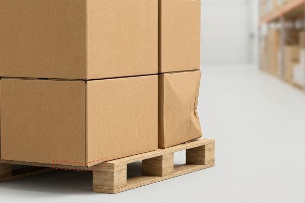 Des cartons ondulés bruns sur une palette en bois, l'un d'eux écrasé, avec des lignes pointillées rouges indiquant le débordement du carton et la rupture par compression.