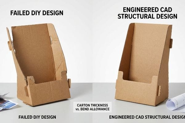Brown corrugated cardboard display stands, contrasting a Failed DIY Design with a bowed base against a perfectly formed Engineered CAD Structural Design, highlighting Carton Thickness vs. Bend Allowance.