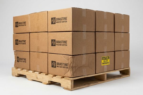 Brown corrugated cardboard Brastine Master Cartons stacked on a wooden pallet, with a 'Caution Pallet Overhang' sticker visible.