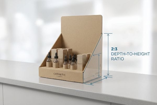 Kraft cardboard CDU display for Cosmetic dropper bottles, highlighting the 2:3 Depth-to-Height Ratio for stability.