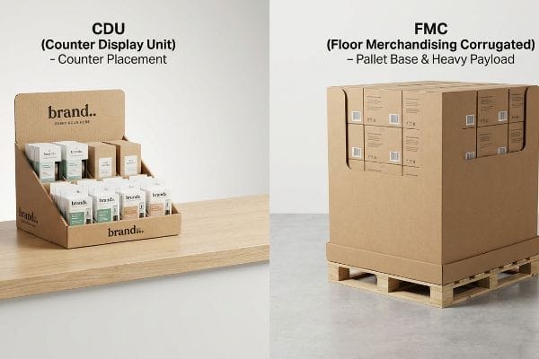 Kraft corrugated Cdu (Counter Display Unit) with 'brand..' products on a wooden counter, next to an Fmc (Floor Merchandising Corrugated) on a pallet base.