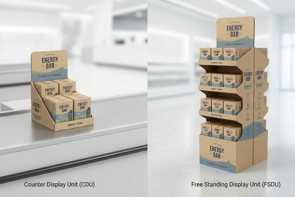 Kraft cardboard displays showcase Energy Bar products, featuring a Counter Display Unit (CDU) and a Free Standing Display Unit (FSDU).