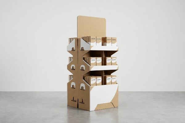 Natural brown kraft cardboard modular tiered FSDU with white accents, displaying Cencore product boxes on three shelves.