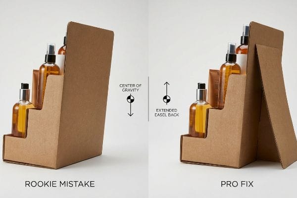 Brown cardboard countertop display showing Rookie Mistake (flat back) versus Pro Fix (extended easel back) for stable liquid cosmetics, illustrating center of gravity.
