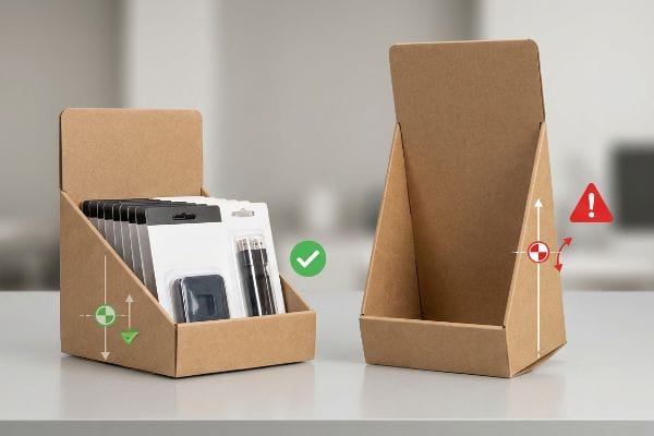Présentoirs de comptoir en carton kraft, l'un stable avec des produits emballés sous blister et des indicateurs de stabilité verts, l'autre vide et instable avec des avertissements de basculement rouges.