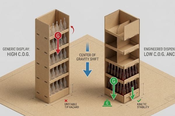 Gravity Shift Stability Kraft diagram compares Generic Display's High C.O.G. and Unstable Tip Hazard with Engineered Dispenser's Low C.O.G. and Kinetic Stability.