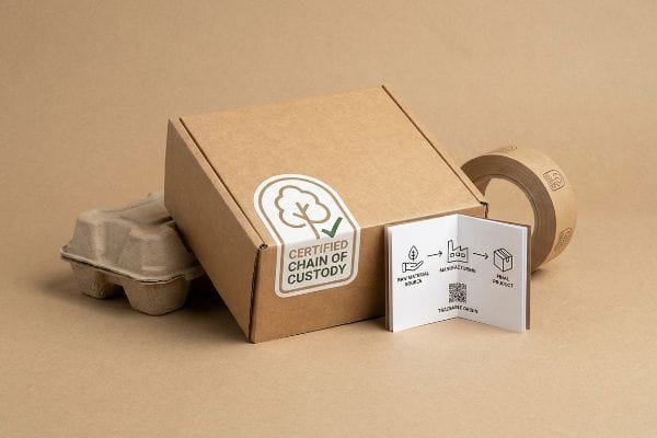 Brown cardboard box with a Certified Chain of Custody sticker, eco-friendly packaging materials, a traceability diagram, and a molded fiber egg carton.