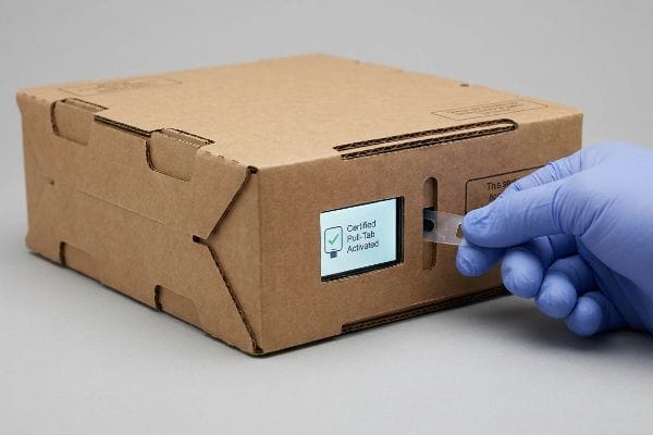 Brown corrugated cardboard box features an embedded digital screen displaying 'Certified Pull-Tab Activated' as a gloved hand pulls its clear activation tab.