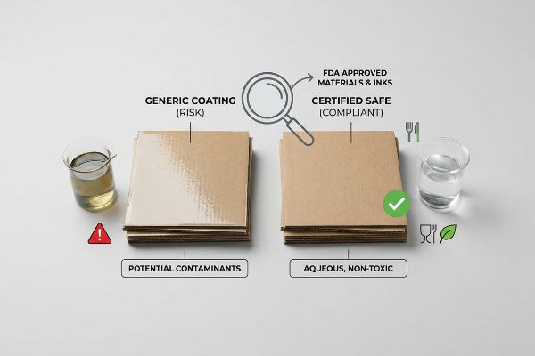 Generic Coating (Risk) with Potential Contaminants contrasted with Certified Safe (Compliant) Aqueous, Non-Toxic food packaging.
