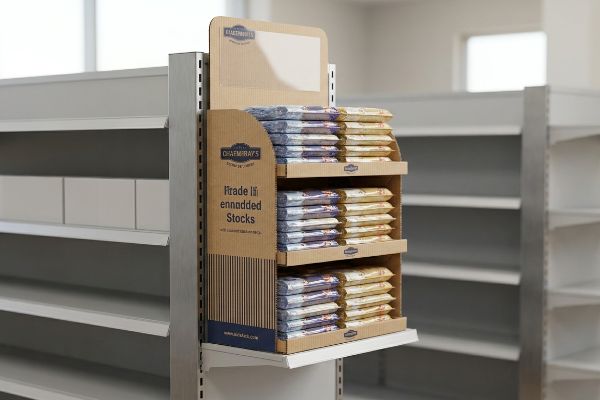 A retail store features a CHAEMIRAY'S corrugated sidekick display, filled with