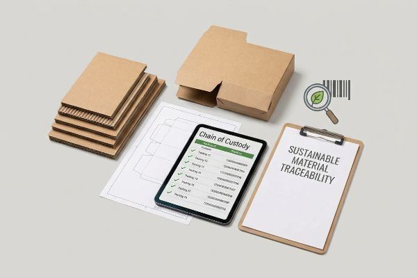 Corrugated cardboard, a tablet displaying 'Chain of Custody', and a clipboard with 'Sustainable Material Traceability' for eco-compliance.