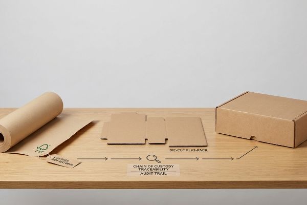 FSC certified raw material paper, Die-Cut Flat-Pack, and cardboard box illustrate Chain of Custody Traceability Audit Trail.