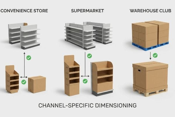 Channel-Specific Dimensioning illustrates packaging and display alignment for Convenience Store, Supermarket, and Warehouse Club retail environments with their respective shelving and pallets.