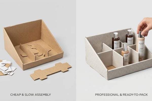 Brown corrugated display for Cheap & Slow Assembly versus a Professional & Ready-To-Pack pre-glued modular tray with cosmetic bottles.