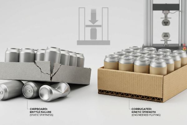 Chipboard packaging shows brittle failure and crushed beverage cans, contrasted with corrugated cardboard demonstrating kinetic strength and engineered fluting.