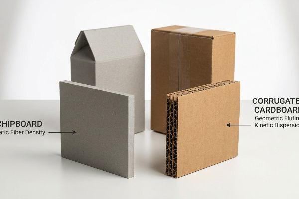 Grey chipboard and brown corrugated cardboard samples, highlighting Static Fiber Density and Geometric Fluting Kinetic Dispersion.