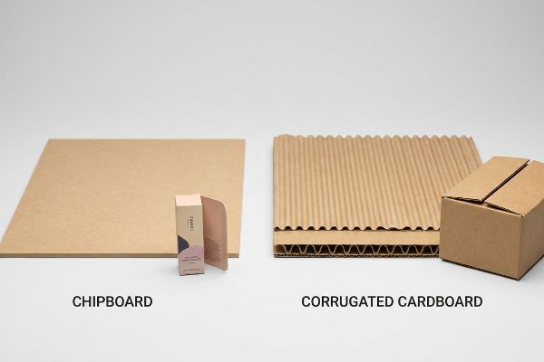 Comparing packaging materials, a flat Chipboard sheet and an open cosmetic carton are displayed next to stacked Corrugated Cardboard layers and a small box.
