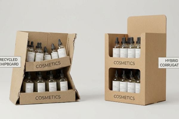 Two Cosmetics displays: a sagging Recycled Chipboard and a sturdy Hybrid Corrugated, both holding dropper bottles.