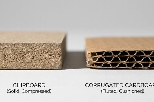 Close-up comparison of Chipboard (Solid, Compressed) and Corrugated Cardboard (Fluted, Cushioned) cross-sections.