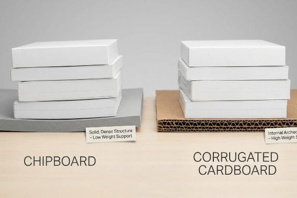 Chipboard's solid dense structure offers low weight support, contrasted with corrugated cardboard's internal arched flutes for high weight support.