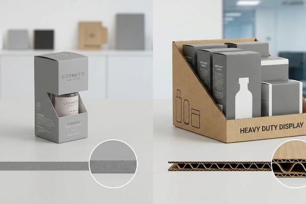 Solid grey chipboard cosmetic box with 'Cosmetic Body Balm' text, showcasing its smooth, unfluted material structure.