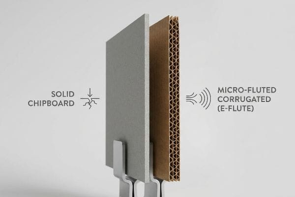 A detailed comparison illustrates Solid Chipboard cracking under pressure versus Micro-Fluted Corrugated (E-Flute) absorbing kinetic energy.