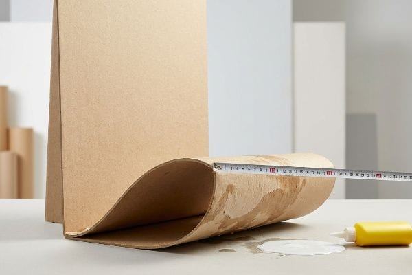 Brown chipboard warped by PVA adhesive, measured with a tape, showing significant moisture deflection.