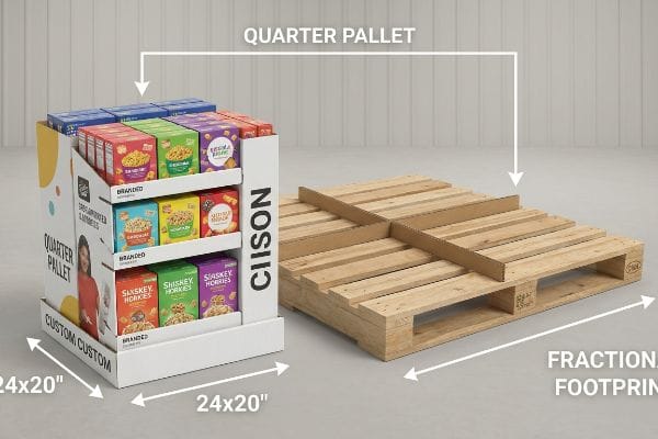 A white Ciison quarter pallet display, measuring 24x20 inches, filled with branded product boxes, stands next to a wooden fractional pallet.