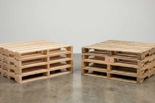 Light-colored wooden pallets, Class A on left with pristine stringers, Class B on right showing repaired wood.