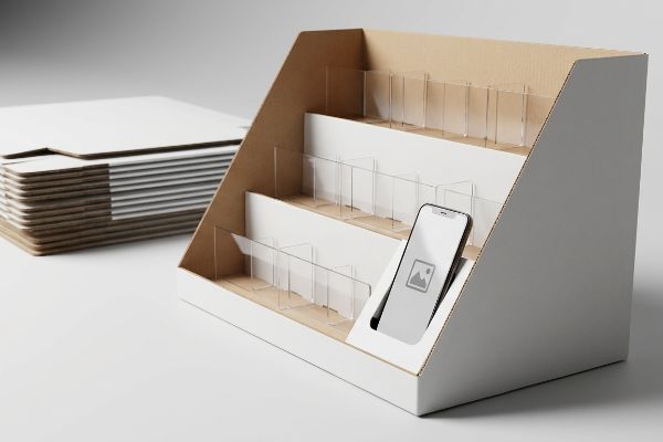White and brown cardboard POP countertop display with clear plastic SKU dividers, holding a smartphone mockup, beside flat-packed components.